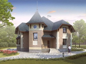 «Аскольд» - проект двухэтажного дома с террасой, планировка дома по диагонали, в стиле замка