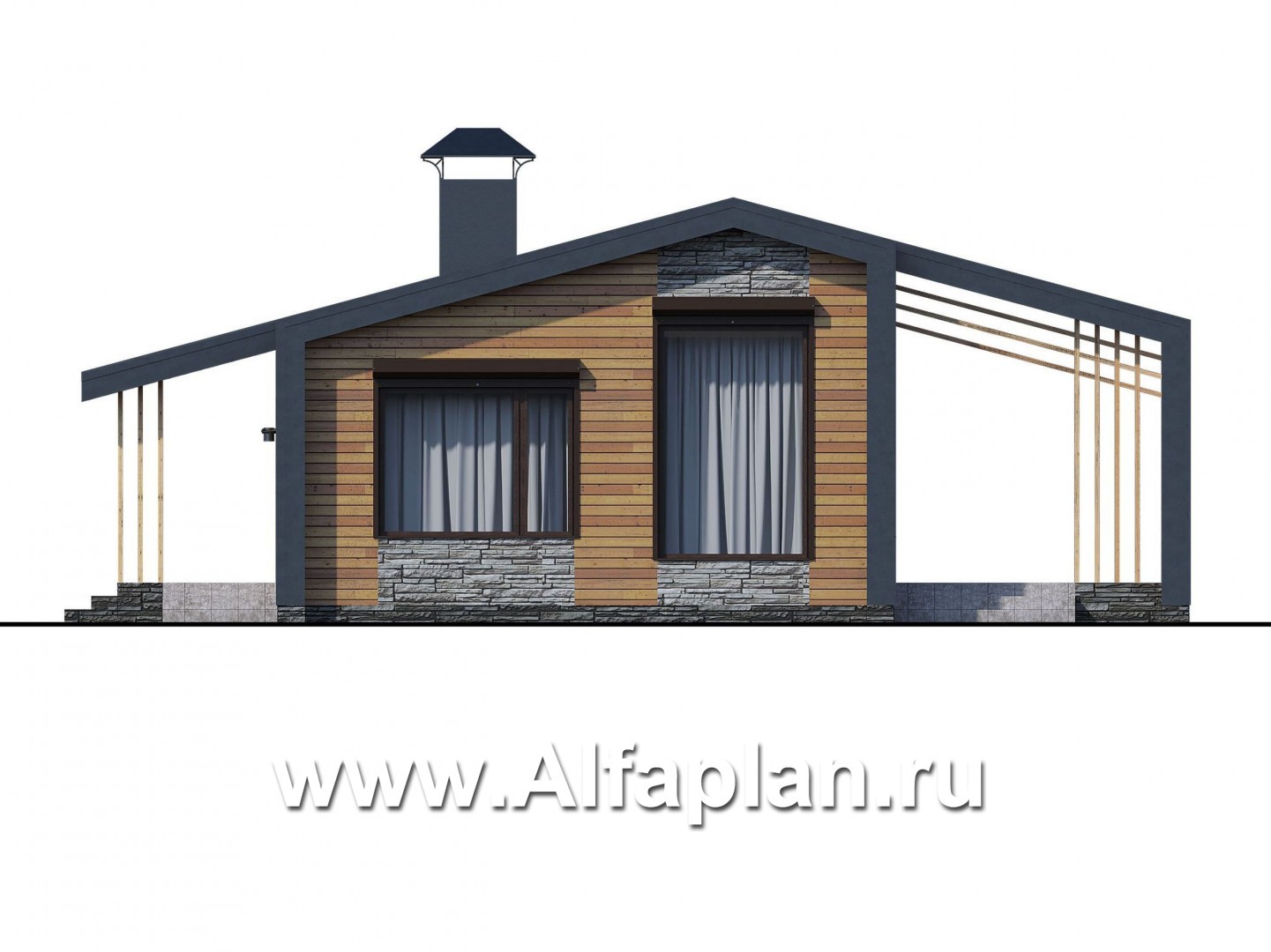 Проекты домов Альфаплан - «Каппа» - небольшой одноэтажный коттедж с террасой - изображение фасада №1