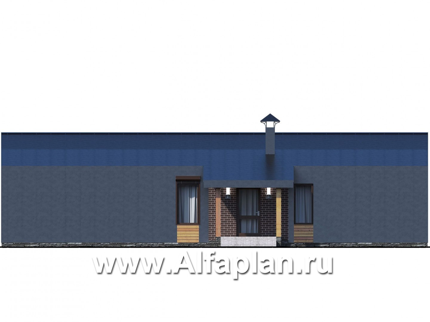 «Омикрон» -  проект одноэтажного дома в стиле барн, с террасой сбоку, мастер спальня - фасад дома