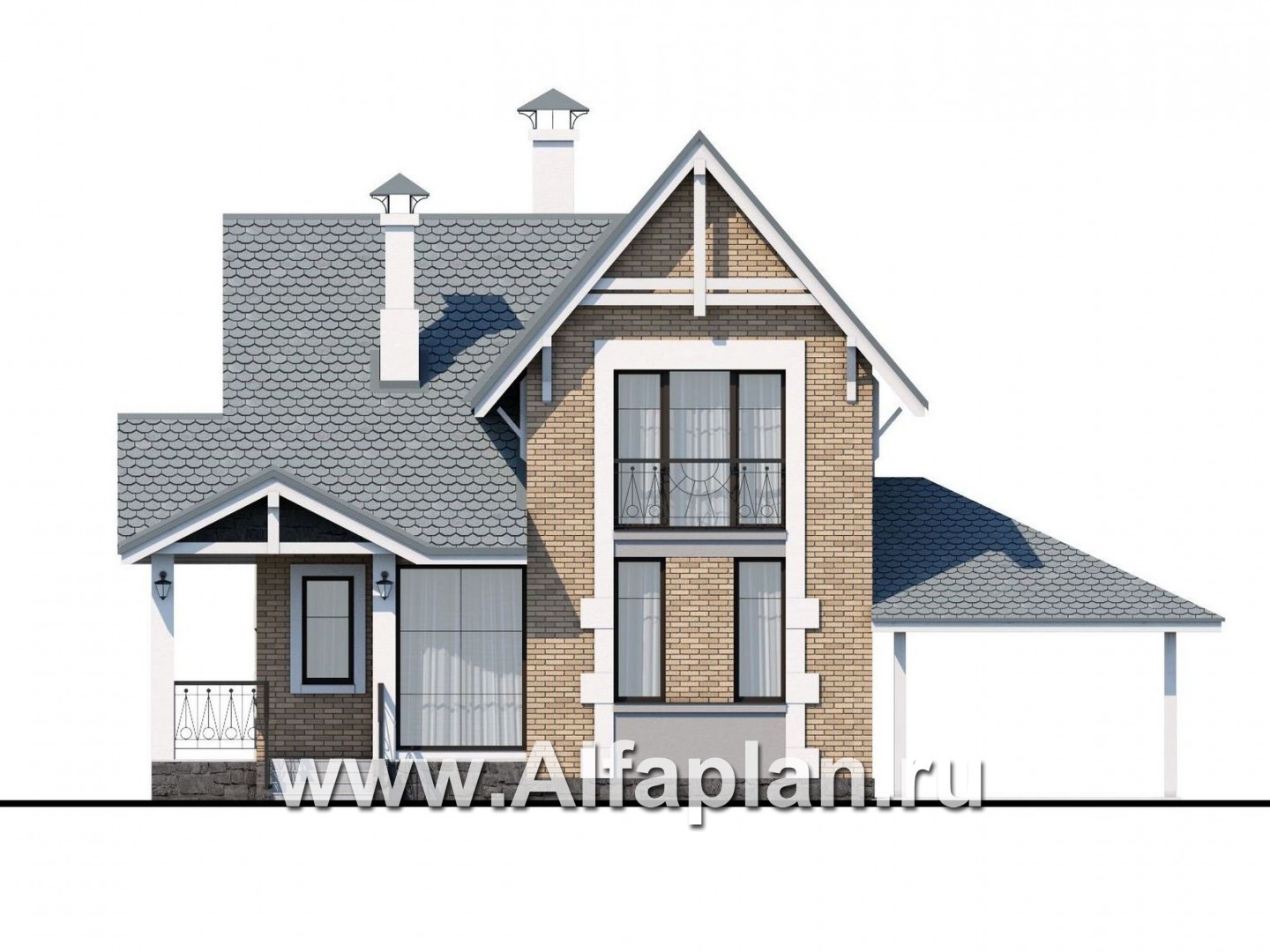Проекты домов Альфаплан - Коттедж из кирпича «Кадет» с гаражом навесом - изображение фасада №1