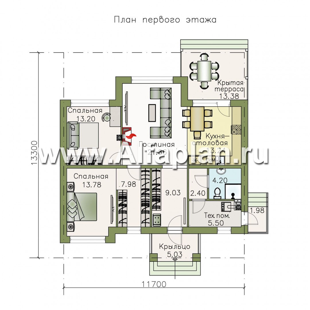 Проекты домов Альфаплан - «Бирюса» - одноэтажный коттедж для небольшой семьи - план проекта №1