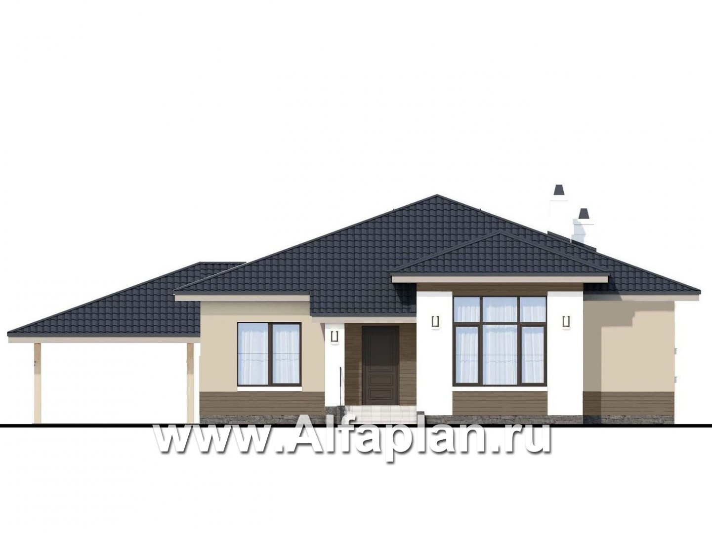 Проекты домов Альфаплан - «Княженика» - экономичный одноэтажный дом с навесом для машины - изображение фасада №1