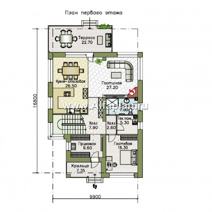 «Золотой ключик» — проект двухэтажного дома из кирпича, современный стиль, все спальни с душевой - превью план дома