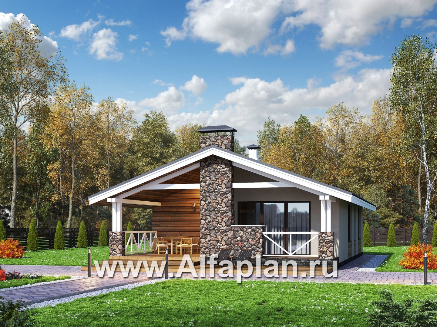 Проекты домов Альфаплан - «Мелета» - проект одноэтажного дома в скандинавском стиле с террасой - основное изображение