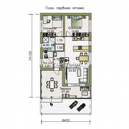 Проекты домов Альфаплан - «Мелета» - проект одноэтажного дома в скандинавском стиле с террасой - превью плана проекта №1