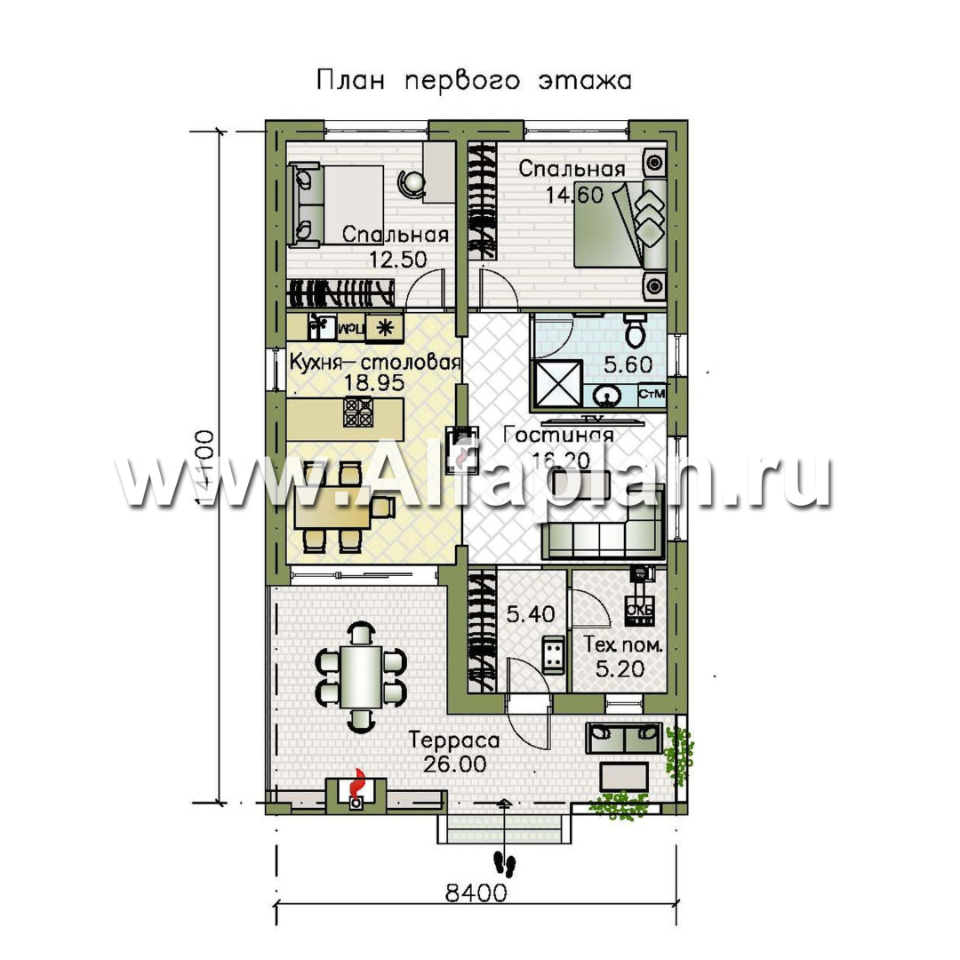Проекты домов Альфаплан - «Родия» - одноэтажный коттедж с двускатной кровлей - изображение плана проекта №1