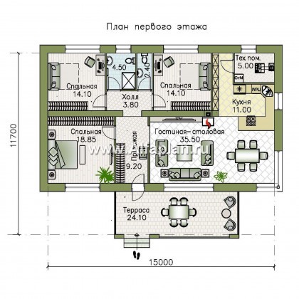 Проекты домов Альфаплан - Проект одноэтажного дома с тремя спальнями - превью плана проекта №1