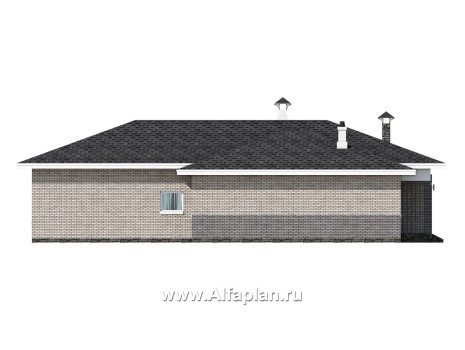 «Юкон» - проект одноэтажного коттеджа из газобетона, планировка дома с террасой и сауной - превью фасада дома