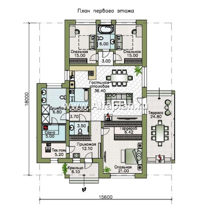 «Юкон» - проект одноэтажного коттеджа из газобетона, планировка дома с террасой и сауной - превью план дома