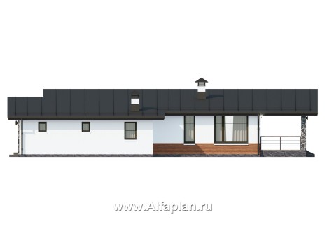 «Свежесть» - проект одноэтажного дома из газобетона, с террасой и с гаражом, с односкатной крышей - превью фасада дома