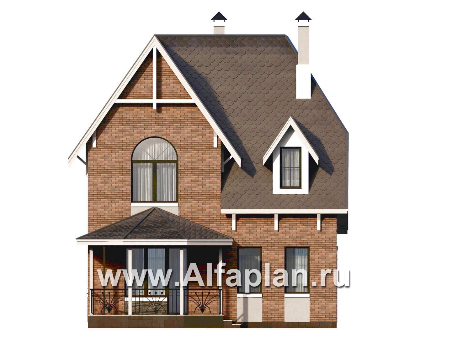 «Аврора» - проект двухэтажного дома из газобетона с эркером и с террасой - фасад дома