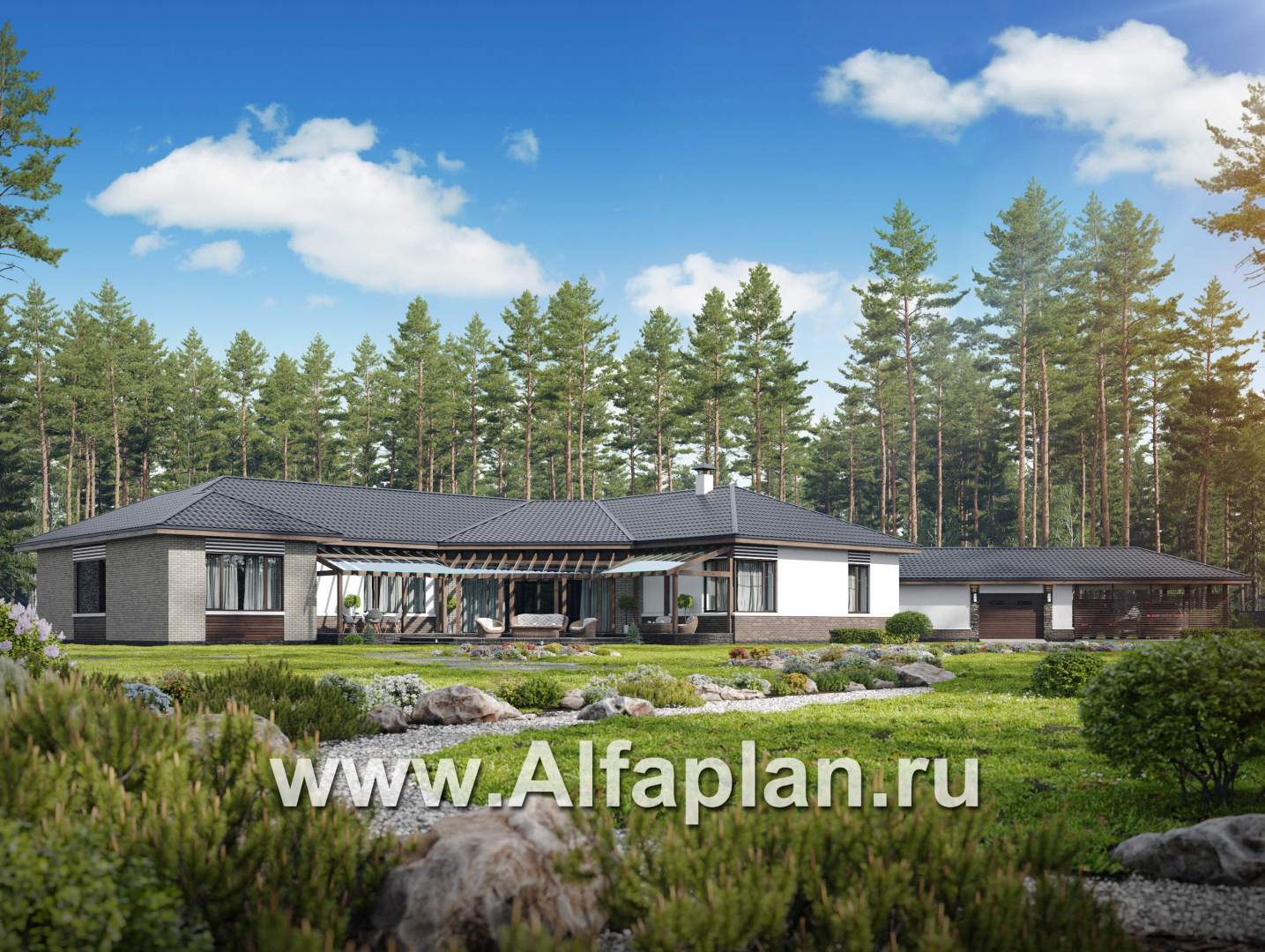 «Полярная звезда« - проект одноэтажного дома из кирпичей, вилла с диагональным планом, с гаражом - дизайн дома №1