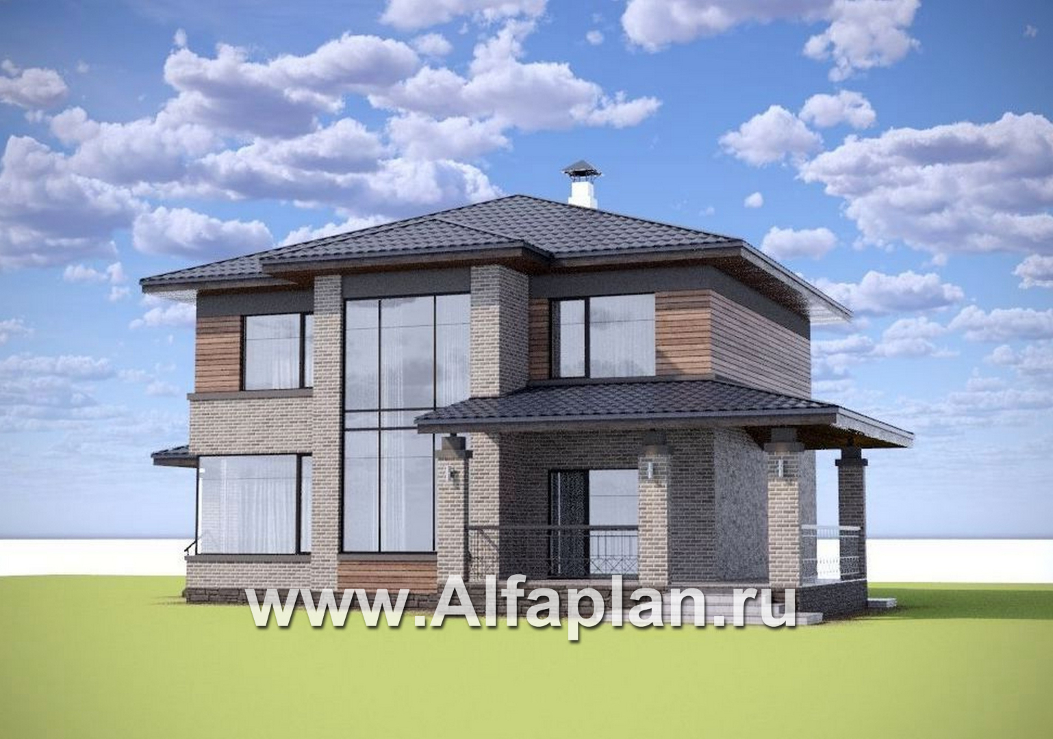 «Триггер роста» - проект двухэтажного дома из блоков, с террасой и вторым светом, в стиле Райта - дизайн дома №1