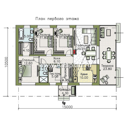 «Пикколо» - проект простого одноэтажного дома из газоблоков, планировка мастер спальня, с террасой - превью план дома