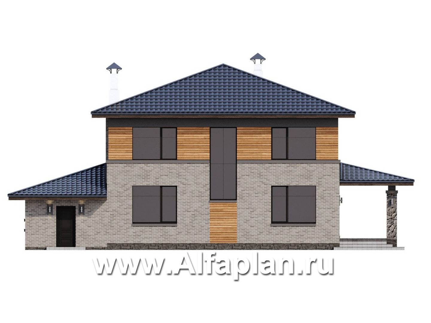 «Компас» - проект двухэтажного дома из газобетона, стеррасой и гаражом, в стиле Райта - фасад дома