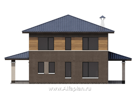 «Юта» - проект двухэтажного дома из кирпича, со вторым светом в столвой, с террасой, в стиле Райта - превью фасада дома