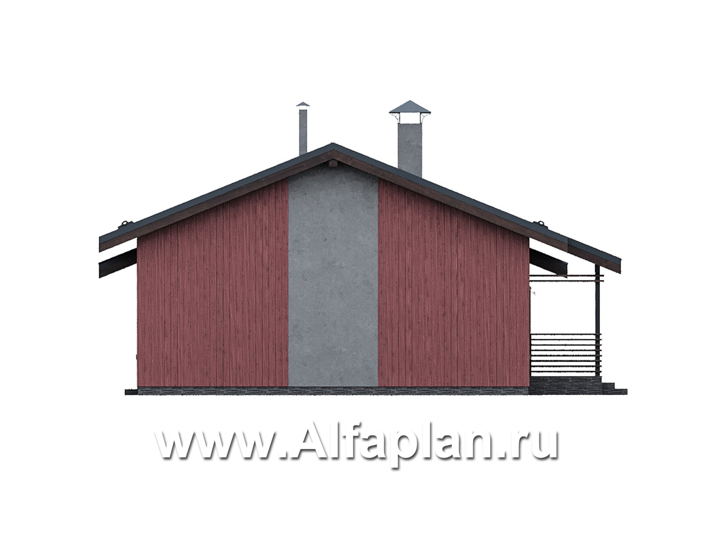 «Литен» - проект простого одноэтажного дома, планировка 2 спальни, с террасой и двускатной крышей - фасад дома