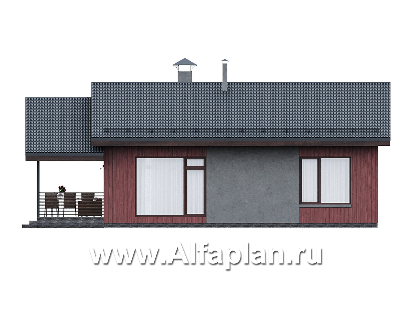 «Литен» - проект простого одноэтажного дома, планировка 2 спальни, с террасой и двускатной крышей - фасад дома