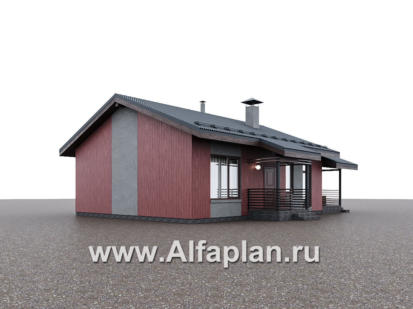 «Литен» - проект простого одноэтажного дома, планировка 2 спальни, с террасой и двускатной крышей - дизайн дома №1