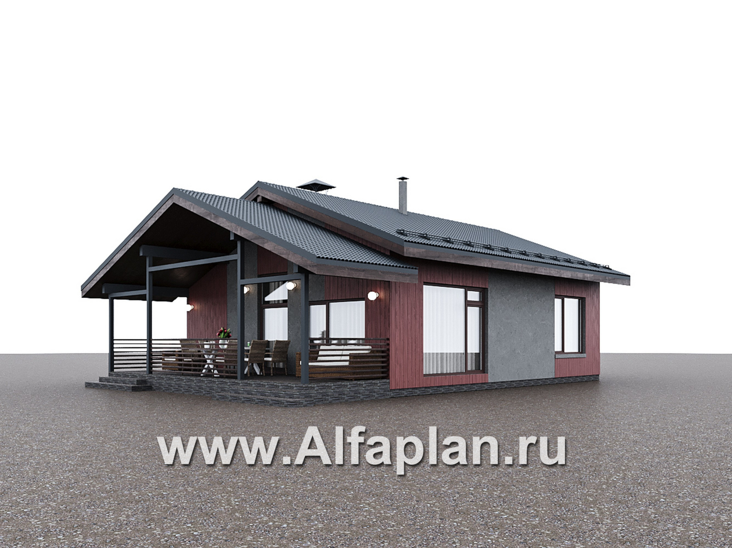 «Литен» - проект простого одноэтажного дома, планировка 2 спальни, с террасой и двускатной крышей - дизайн дома №3