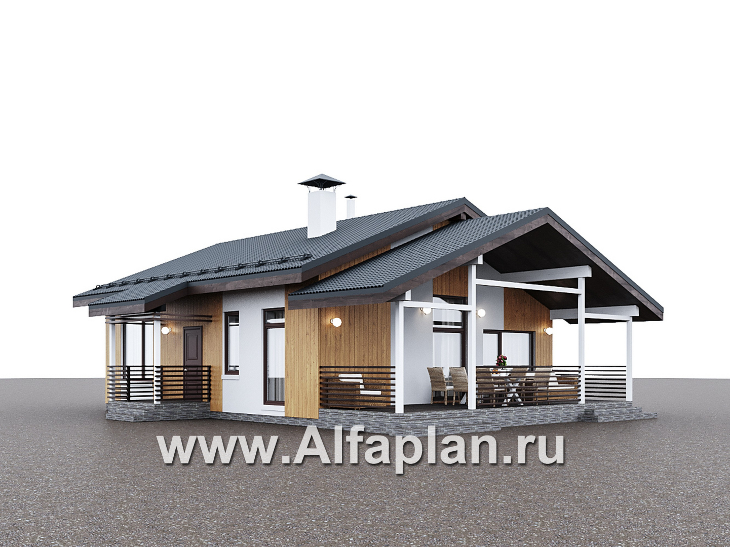 «Литен» - проект простого одноэтажного дома, планировка 2 спальни, с террасой и двускатной крышей - дизайн дома №4