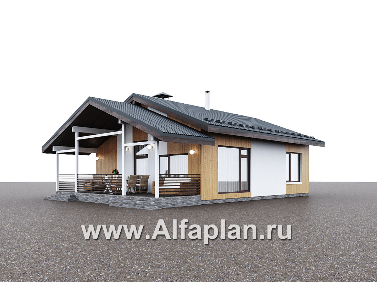 «Литен» - проект простого одноэтажного дома, планировка 2 спальни, с террасой и двускатной крышей - дизайн дома №7