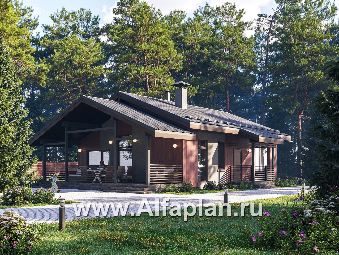 «Литен» - проект простого одноэтажного дома, планировка 2 спальни, с террасой и двускатной крышей - основное изображение