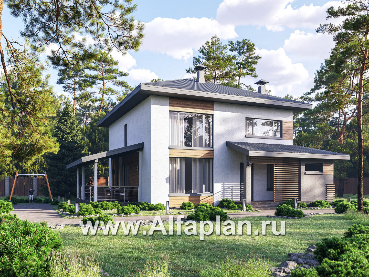 «Чистая линия» - проект дома, 2 этажа, мастер спальня, с террасой сбоку, в современном стиле - основное изображение