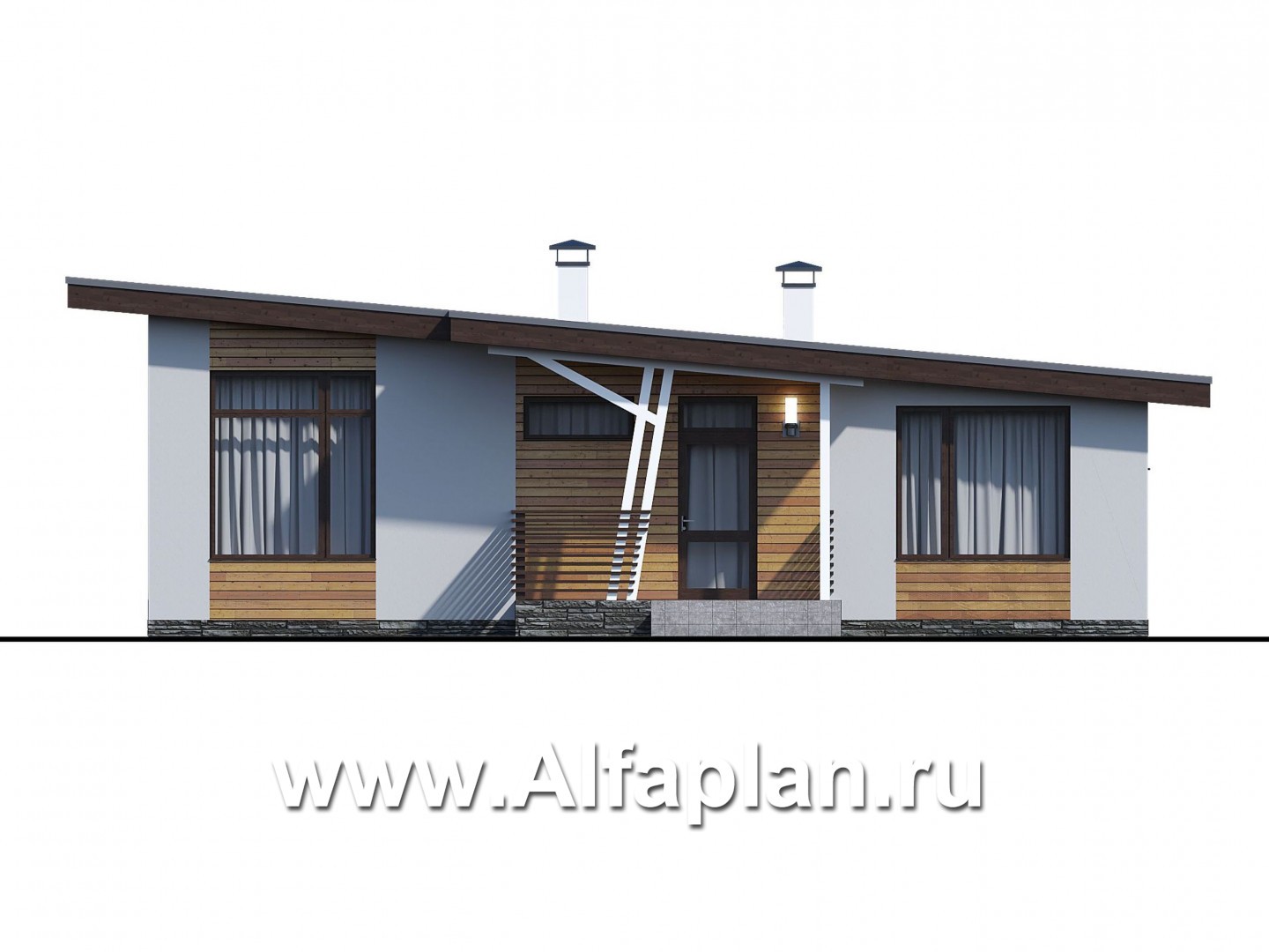 Проекты домов Альфаплан - «Вита» -проект одноэтажного каркасного дома с террасой, в скандинавском стиле - изображение фасада №1
