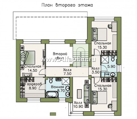 «Ренуар» - проект двухэтажного дома из газобетона, планировка с двумя спальнями на 1 эт, и террасой - превью план дома
