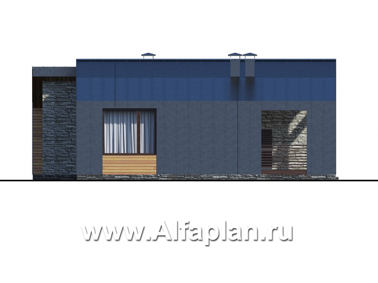 Проекты домов Альфаплан - «Гамма» - проект одноэтажного  дома, с сауной и с террасой, в стиле барн - изображение фасада №3