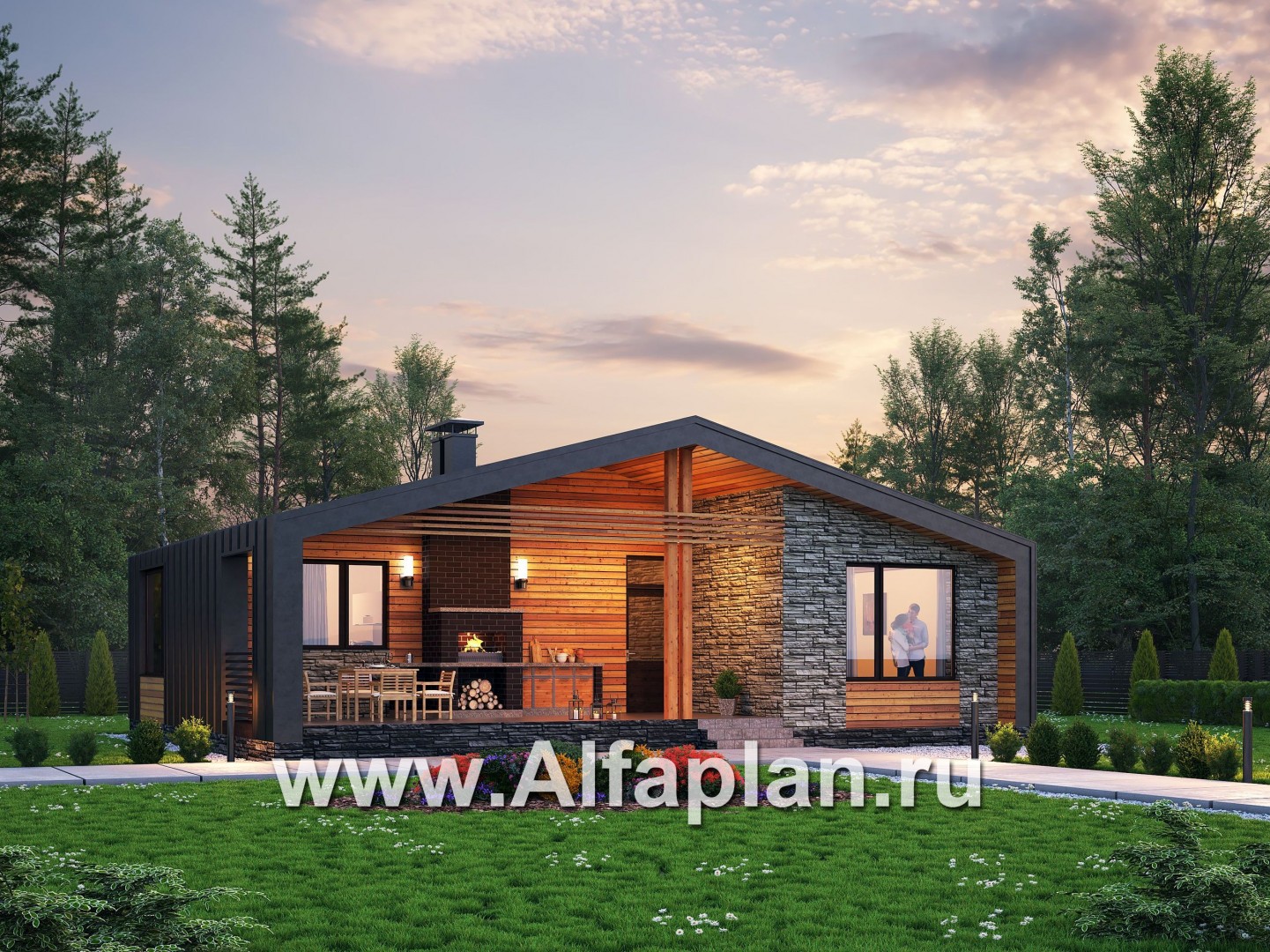 Проекты домов Альфаплан - «Гамма» - проект одноэтажного  дома, с сауной и с террасой, в стиле барн - основное изображение