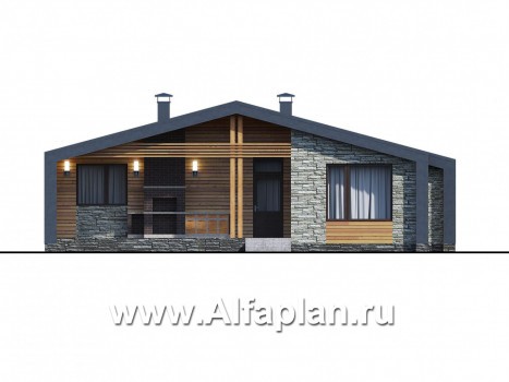 Проекты домов Альфаплан - «Гамма» - проект одноэтажного  дома, с сауной и с террасой, в стиле барн - превью фасада №1