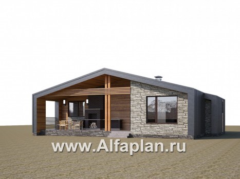 Проекты домов Альфаплан - «Гамма» - проект одноэтажного  дома, с сауной и с террасой, в стиле барн - превью дополнительного изображения №1