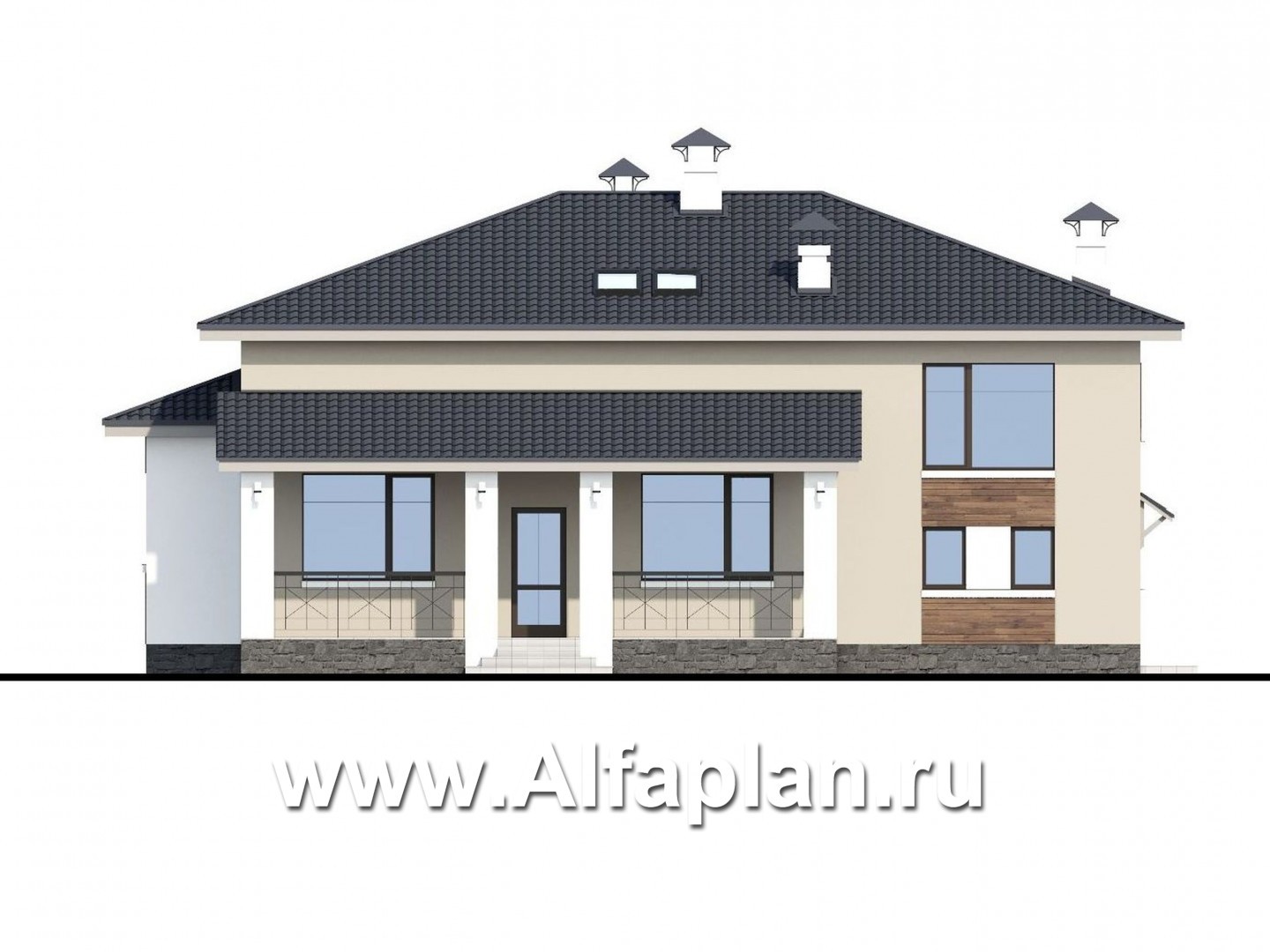 «Мажестик» - современный проект коттеджа в полтора этажа, с гаражом и сауной - фасад дома