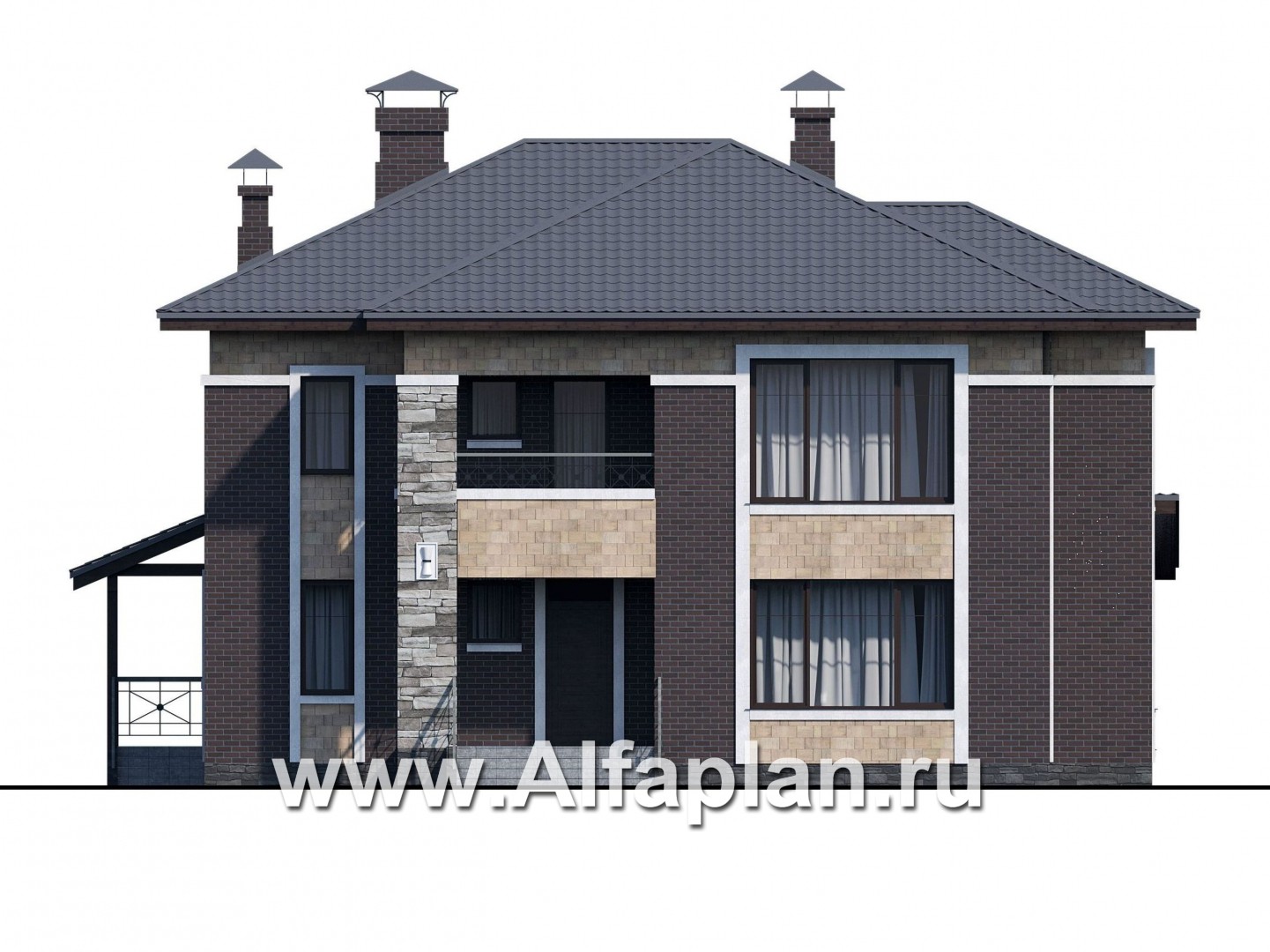 «Мотив» - проект двухэтажного дома, масетр спальня, с террасой, в стиле Райта - фасад дома