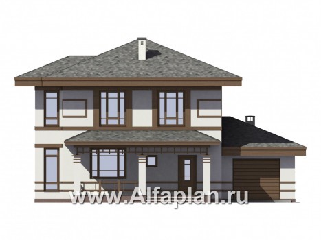 Проект двухэтажного дома, планировка с террасой со стороны входа и со стороны двора, с эркером и с гаражом - превью фасада дома