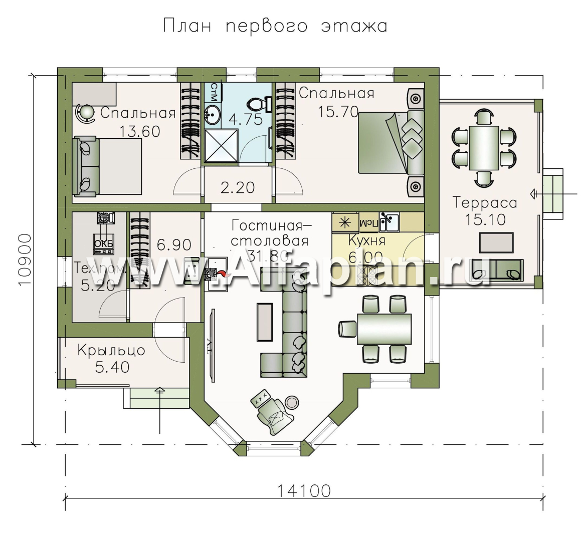 Проекты домов Альфаплан - «Гемера» - стильный одноэтажный дом с эркером и террасой - план проекта №1