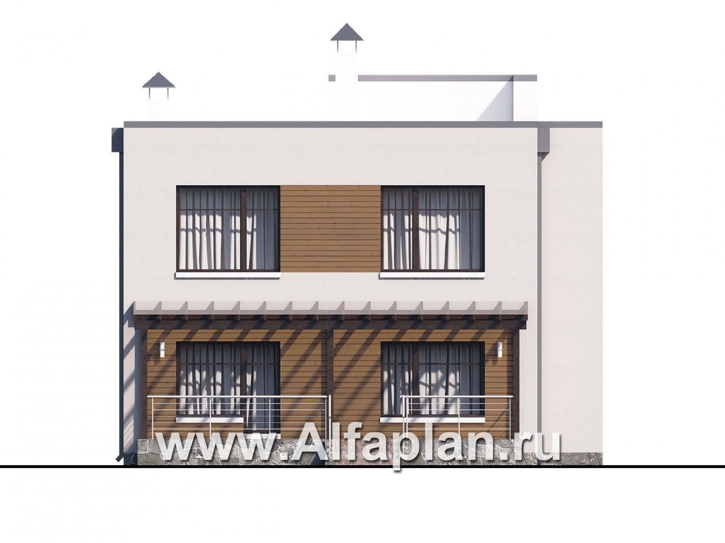 «Эвр» - проект двухэтажного дома с террасой, лестница в гостиной, с плоской кровлей, в стиле хай-тек - фасад дома