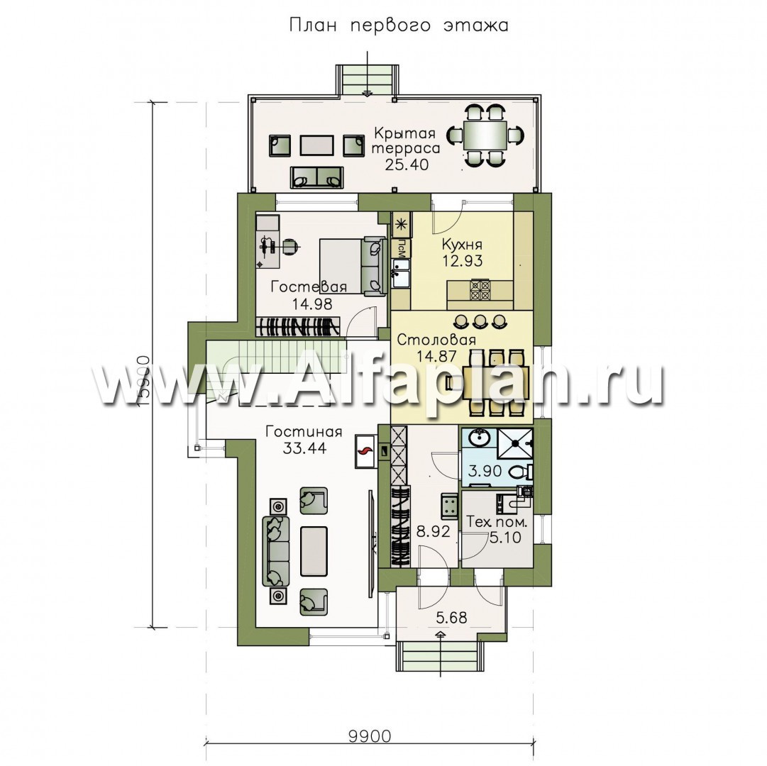 «Эвр» - проект двухэтажного дома с террасой, лестница в гостиной, с плоской кровлей, в стиле хай-тек - план дома