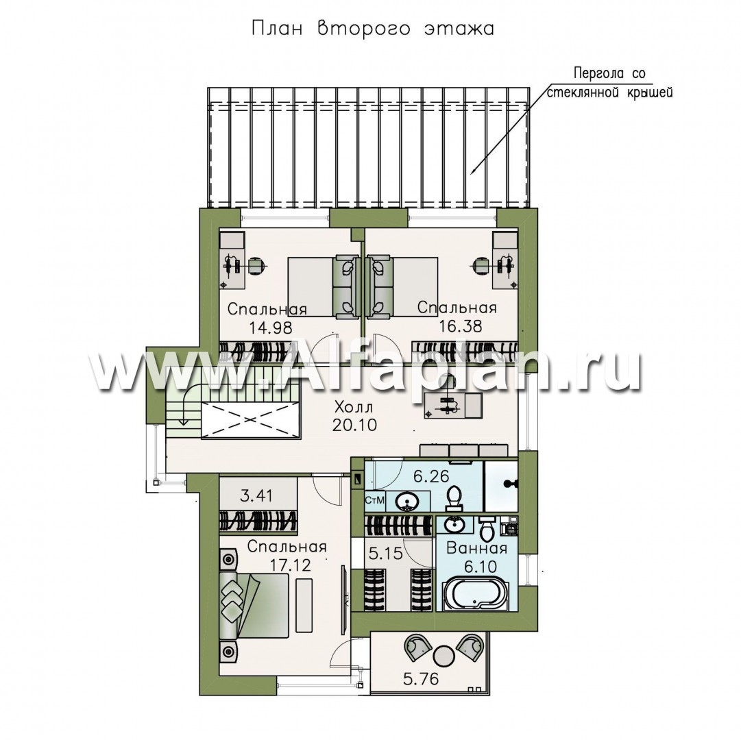 «Эвр» - проект двухэтажного дома с террасой, лестница в гостиной, с плоской кровлей, в стиле хай-тек - план дома