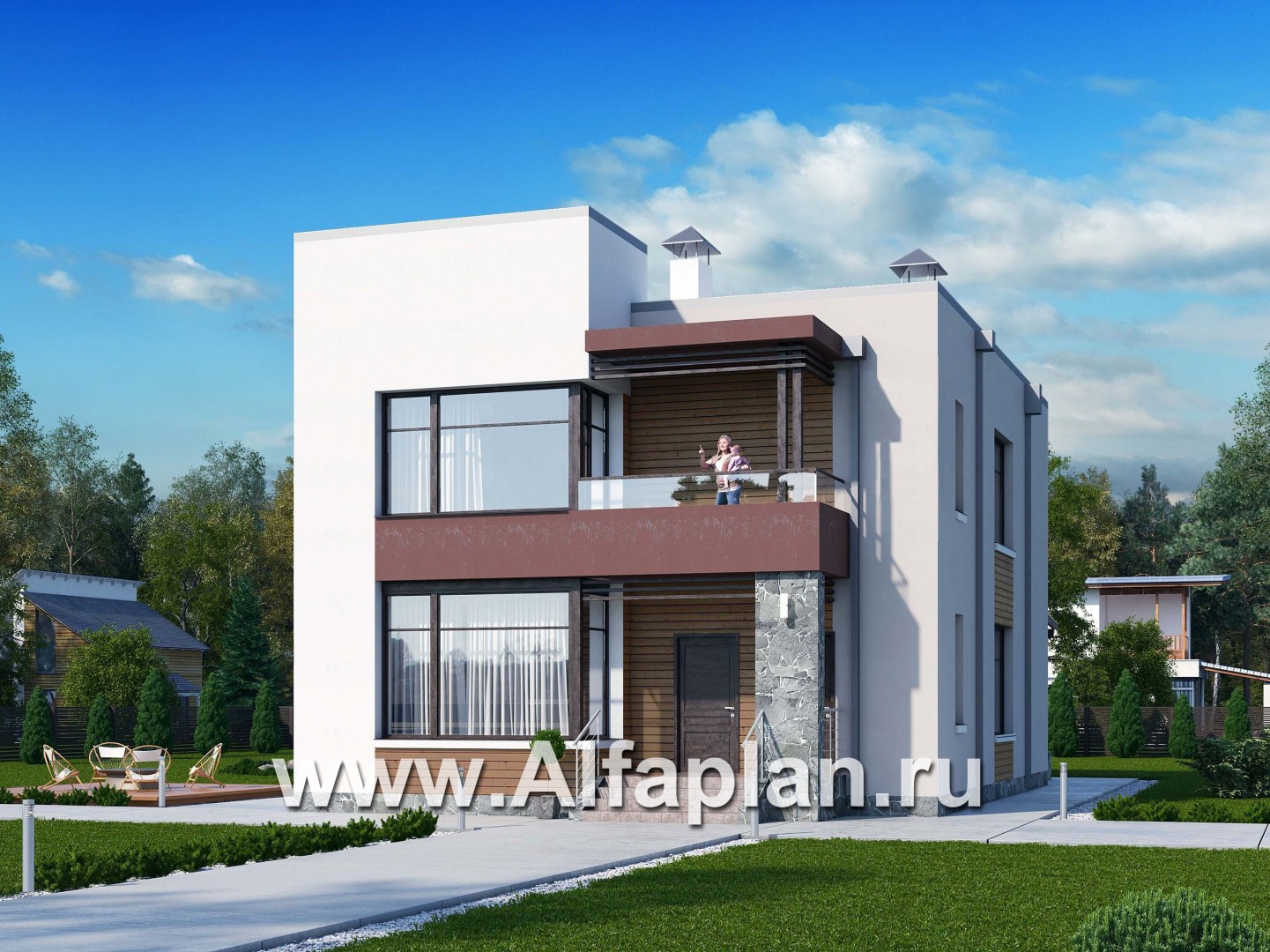 «Эвр» - проект двухэтажного дома с террасой, лестница в гостиной, с плоской кровлей, в стиле хай-тек - основное изображение