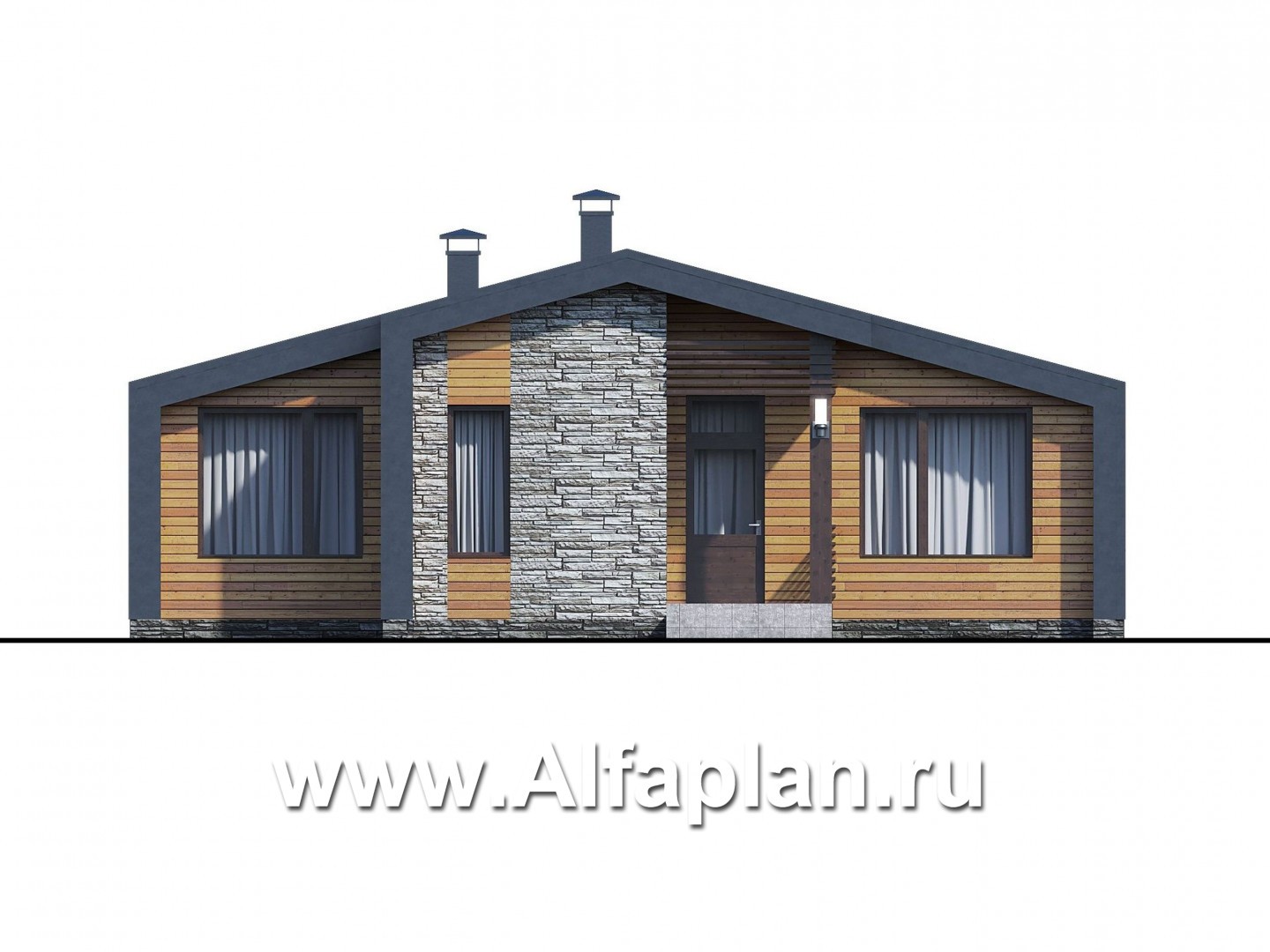 Проекты домов Альфаплан - «Альфа» - проект одноэтажного каркасного дома, с сауной и с террасой - изображение фасада №1