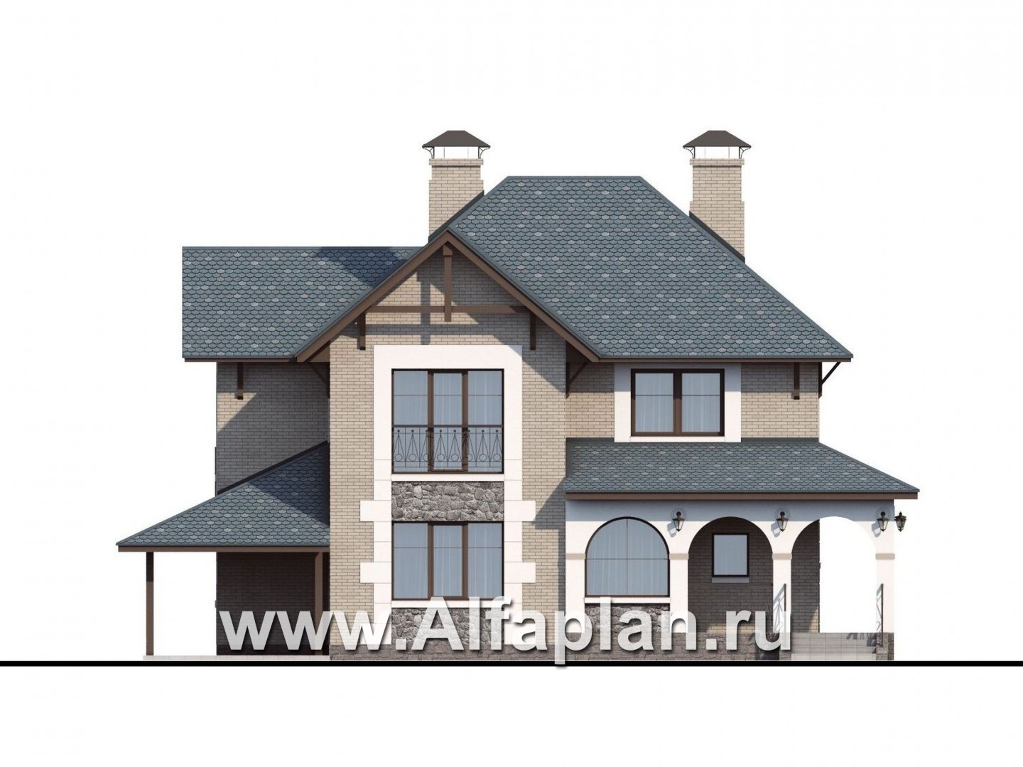 «Реноме» - проект двухэтажного дома, планировка с кабинетом на 1 эт, с большой террасой и балконом, навес на 1 авто - фасад дома