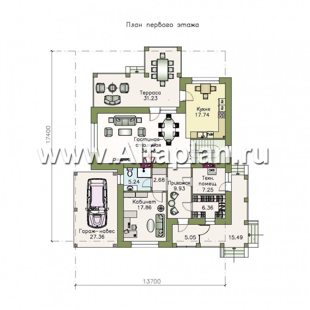 «Реноме» - проект двухэтажного дома, планировка с кабинетом на 1 эт, с большой террасой и балконом, навес на 1 авто - план дома
