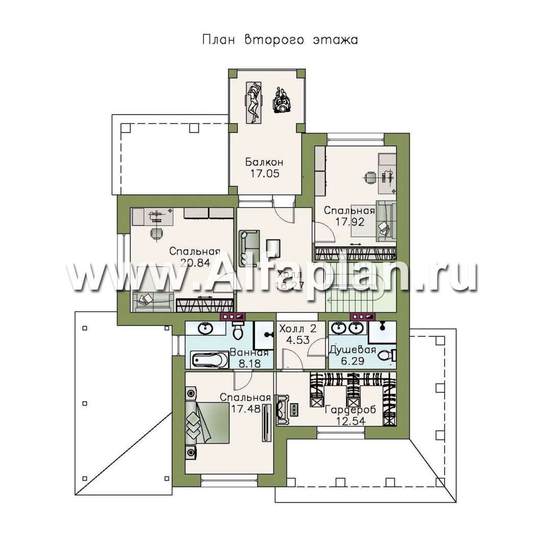 «Реноме» - проект двухэтажного дома, планировка с кабинетом на 1 эт, с большой террасой и балконом, навес на 1 авто - план дома