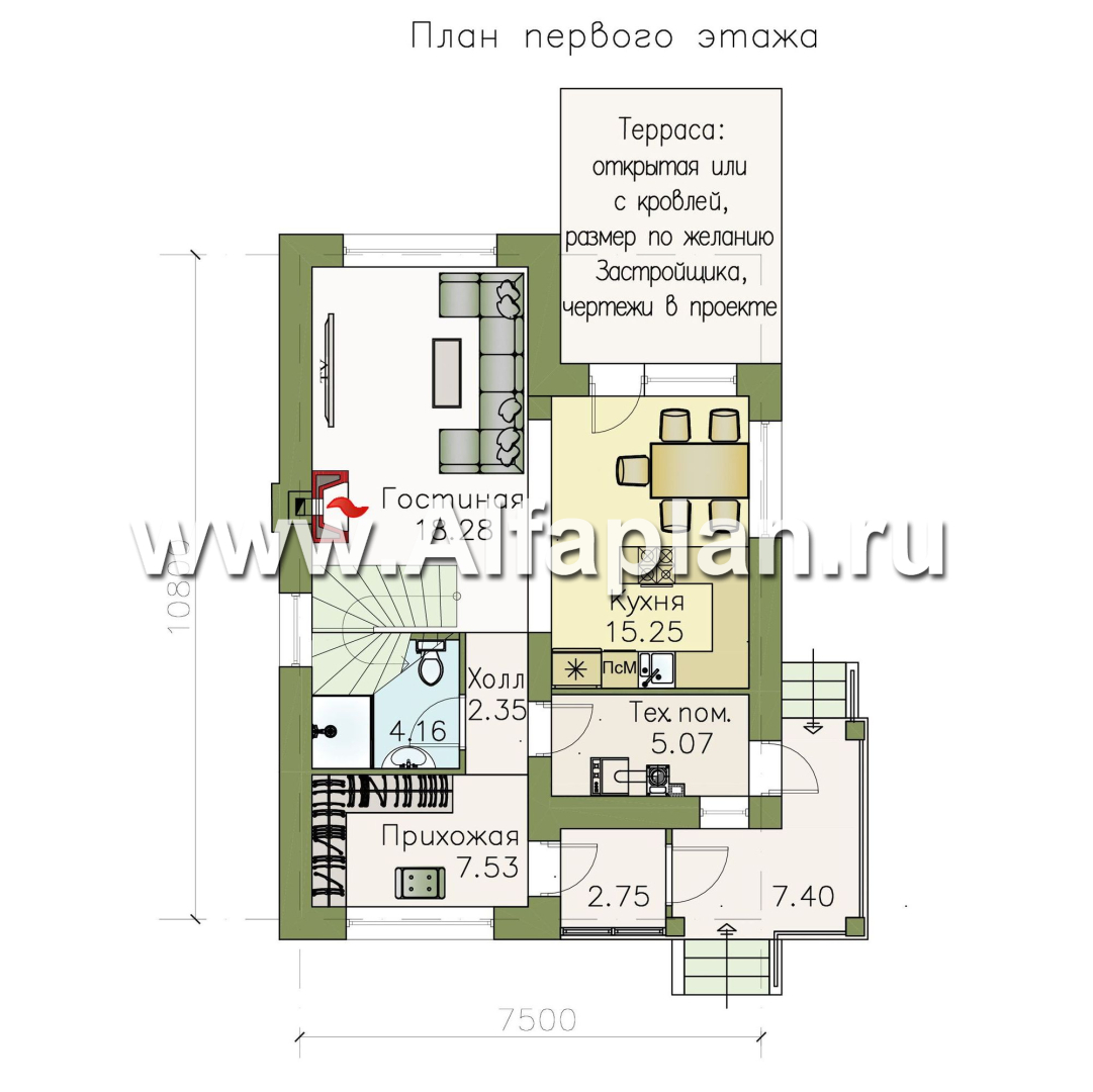 Проекты домов Альфаплан - «Каюткомпания» - проект двухэтажного дома для небольшой семьи - изображение плана проекта №1