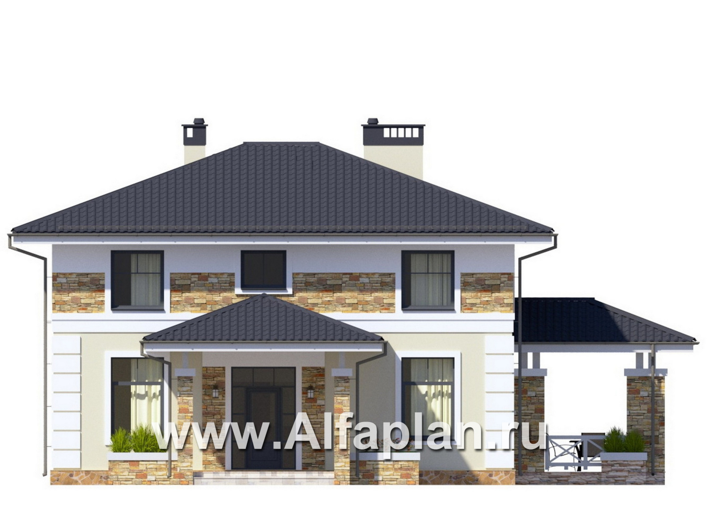 Проект двухэтажного дома, план со спальней на 1 эт и сауной, простой в строительстве, в современном стиле - фасад дома