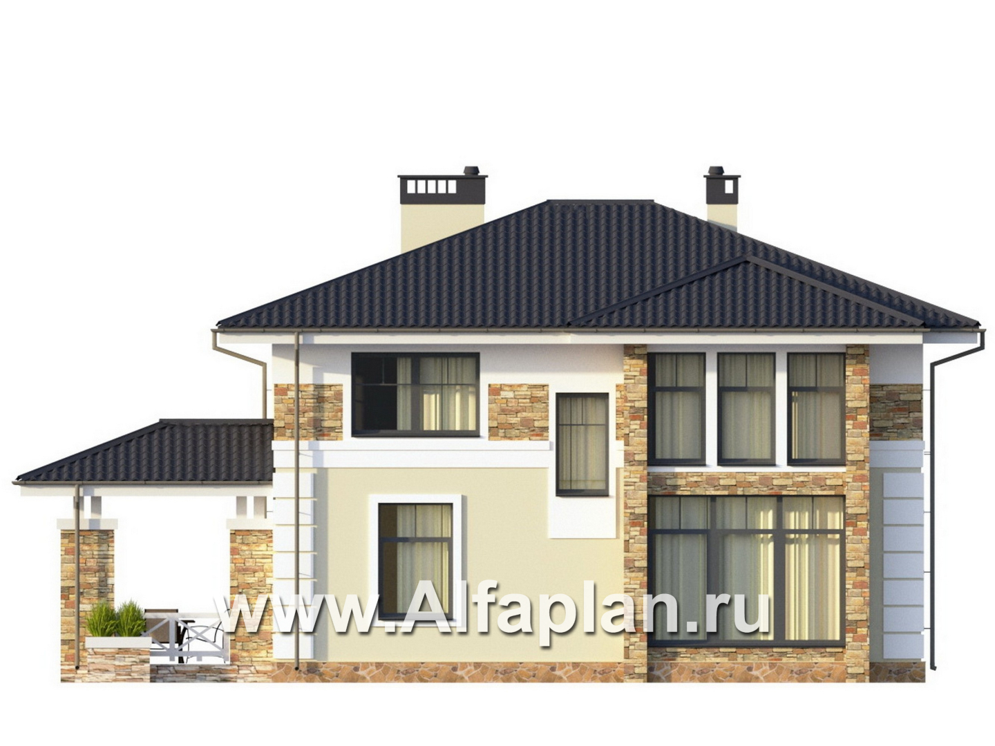 Проект двухэтажного дома, план со спальней на 1 эт и сауной, простой в строительстве, в современном стиле - фасад дома