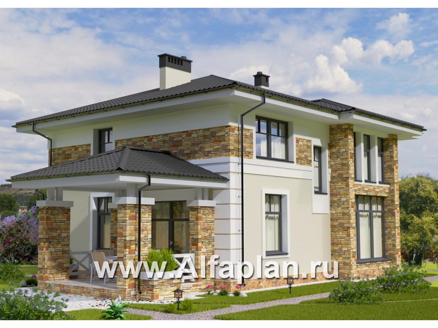 Проект двухэтажного дома, план со спальней на 1 эт и сауной, простой в строительстве, в современном стиле - дизайн дома №1